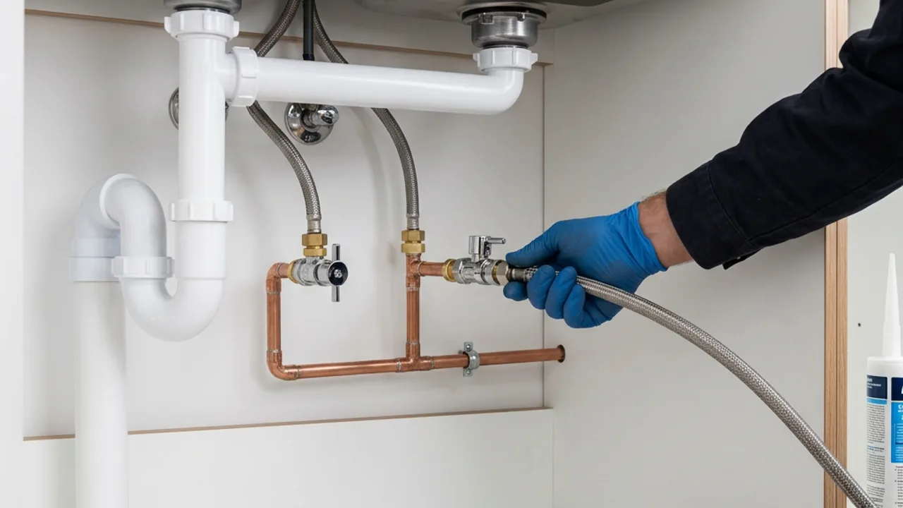 Plumber Pakenham checklist - braided flexi-hoses and isolation taps under a kitchen sink