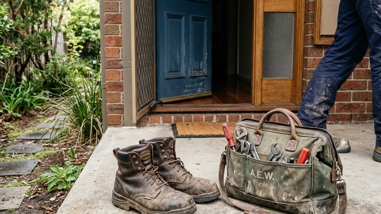 Plumber Pakenham contact - a local plumber's work boots and tool bag at the front step of a brick home