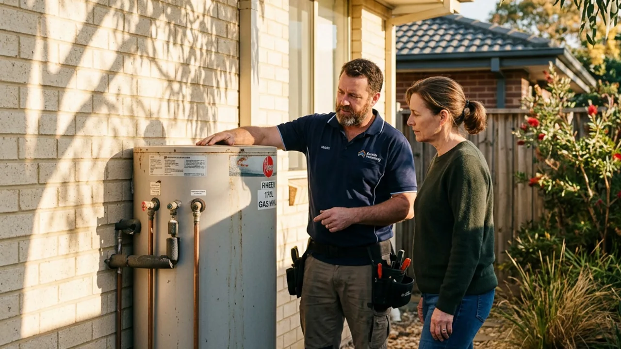 Plumber Pakenham answering questions - local plumber and homeowner beside a hot water unit
